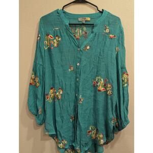 Women's teal long sleeve blouse w/Henley neckline & Paisley & floral embroidery